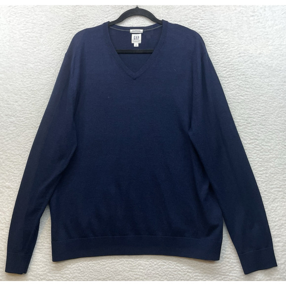 GAP Sweater Mens Extra Large Blue Merino Wool Pullover V Neck Long Sleeve Preppy - Picture 1 of 9